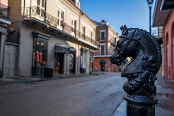 Horse-head hitching posts in the historic French Quarter of New Orleans, Louisiana.